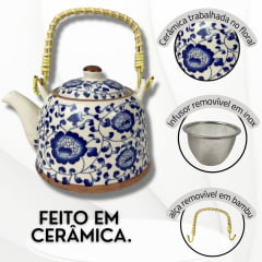 Chaleira Para Chá Teapot Cerâmica Florida Azul - Ref. 4013