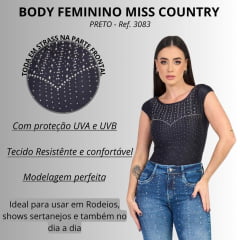 Body Feminino Miss Country Sem Manga Preto Strass Ref.3083
