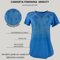 Camiseta Feminina Minuty Azul Petróleo Strass Ref:1498