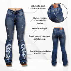 Calça Jeans Flare Feminina Miss Country Bordada/Strass 941