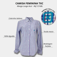 Camisa Feminina TXC Custom Slim Xadrez Bordada Azul Ref: 12168L