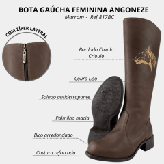 Bota Gaúcha Feminina Angoneze Couro Liso Bordada Ref: 817BC