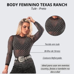 Body Feminino Texas Ranch Tule Preto Com Strass Em Losângos