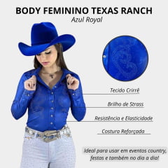 Body Feminino Texas Ranch Azul Royal Manga Longa Com Strass