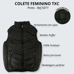 Colete Feminino TXC Custom Puffer Preto Bordado - Ref. 5071