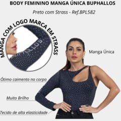 Body Feminino Buphallos Manga Única Preto Strass Ref. BPL582