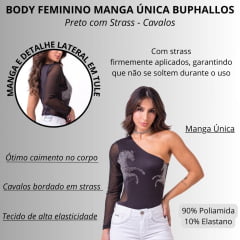Body Feminino Buphallos Manga Única Preto Cavalos Em Strass