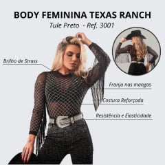 Body Feminino Texas Ranch Tule Preto Com Strass - Ref. 3001