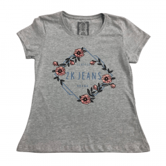 Camiseta Country Feminina 2K Jeans Cinza Com Flores