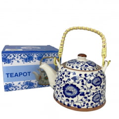 Chaleira Para Chá Teapot Cerâmica Florida Azul - Ref. 4013