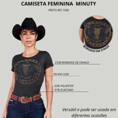 Camiseta Feminina Minuty Preta Com Bordado Strass Ref:1560