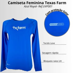 Camiseta Feminina Texas Farm UV 50+ Azul Royal Ref: UVF001