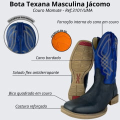 Bota Texana Masculina Jácomo Couro Mamute Preto Ref:3101/UMA