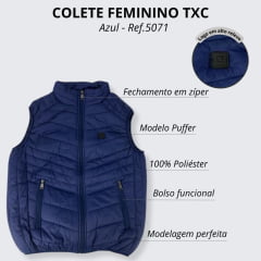 Colete Feminino TXC Custom Puffer Azul Bordado- Ref. 5071