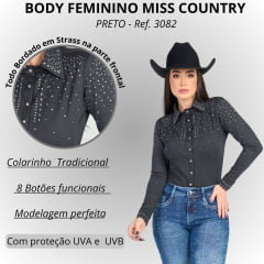 Body Feminino Miss Country Manga Longa Preto Strass Ref.3082