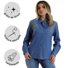 Camisa Jeans Feminina West Dust Bordado Strass - Ref.CA28521