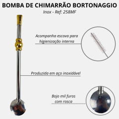 Bomba Inox Bortonaggio Para Chimarrão Anel Dourado Com Rosca E Bojo Mil Furos R:258MF