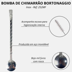 Bomba Inox Bortonaggio Para Chimarrão Artesanal Chata Grande Com Rosca E Bojo Mil Furos R: 252MF