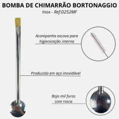 Bomba Inox Bortonaggio Para Chimarrão Bocal Dourado Chata Com Rosca E Bojo Mil Furos R:D252MF