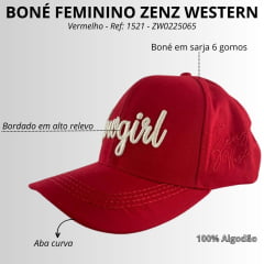 Boné Feminino Zenz Western Barn Vermelho Com Bordado Cowgirl Em Branco - Ref. 1521 - ZW0225065