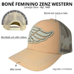 Boné Feminino Zenz Western Country Roads Laranja Claro Com Logo Bordado Bege Ref:1449