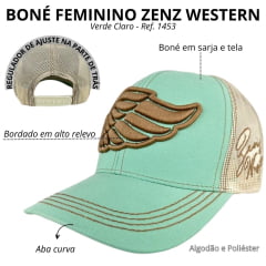 Boné Feminino Zenz Western Lone Ranger Verde Claro Com Logo Bordado Marrom Ref 1453