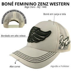 Boné Feminino Zenz Western Long Live Bege Claro Com Logo Bordado Verde Musgo Ref 1446