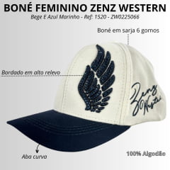 Boné Feminino Zenz Western Old Blue Bege Claro E Azul Marinho Bordado Logo Com Strass - Ref. 1520 - ZW0225066