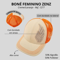 Boné Feminino Zenz Western Pearl Creme/ Laranja Com Tela e Logo Em Strass Ref:1277