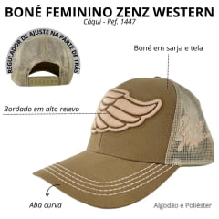 Boné Feminino Zenz Western Rodeo Time Cor Caqui Escuro Com Logo Bordado Rosa Ref: 1447