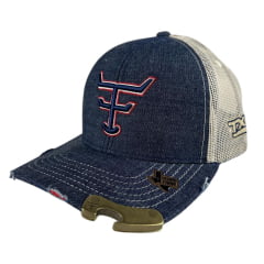 Boné Texas Farm Open Jeans Com Abridor de Garrafa e Logo Bordado Azul/Vermelho - Ref. TF665