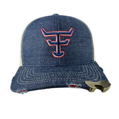Boné Texas Farm Open Jeans Com Abridor de Garrafa e Logo Bordado Azul/Vermelho - Ref. TF665