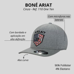 Boné Unissex Ariat Cinza Claro Mescal Com Bordado Logo Preto Fundo De Bandeira EUA Flesfit Tech 110 One Ten