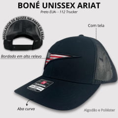 Boné Unissex Ariat Preto Com Bordado Fundo Bandeira EUA - 112 Trucker