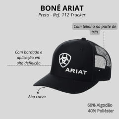 Boné Unissex Ariat Preto Com Logo Bordado Branco Original 112 Trucker