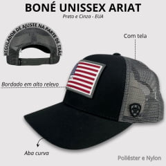 Boné Unissex Ariat Preto E Cinza Com Tela E Logo Bandeira EUA