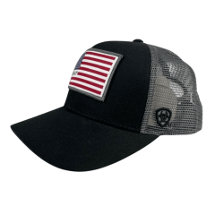 Boné Unissex Ariat Preto E Cinza Com Tela E Logo Bandeira EUA