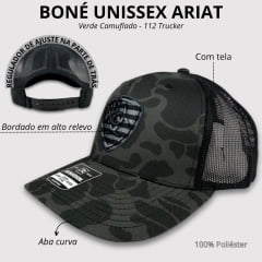 Boné Unissex Ariat Verde Camuflado E Preto Com Logo Bordada Bandeira EUA 112 Trucker