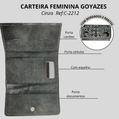 Carteira Feminina Goyazes Couro Cabardino Black/ Couro Mustang Preto Com Bordado Cruz Ref: C-2212