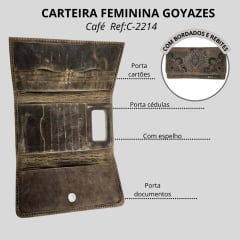 Carteira Feminina Goyazes Couro Dallas Bege/Couro Mustang Café C/ Bordado Vinho ref:C-2214