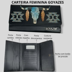 Carteira Feminina Goyazes Couro Mustang Preto Semi Areia Com Bordado Colorido e Crânio - Ref.C-2315