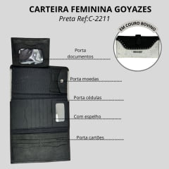 Carteira Feminina Goyazes Couro Pit Stop Preto/Couro Pelo Bovino Branco/Preto Ref:C-2211