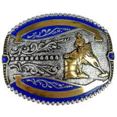 Fivela Master Western Cavalo Prova Tambor Dourado Prata e Azul Com Strass Azul Ref;2413
