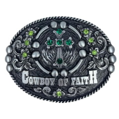 Fivela Master Western Cowboy Of Faith Prata Com Strass Verde Ref:2343