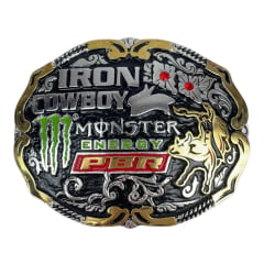 Fivela Master Western Iron Cowboy Monster Energy PBR Prata Com Dourado e Strass Vermelho