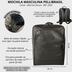 Mochila Masculina PelliBrasil 100% Couro Marrom Para Notebook Até 15" Ref: 2035