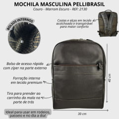 Mochila Masculina PelliBrasil 100% Couro Marrom Para Notebook Até 15" Ref: 2130