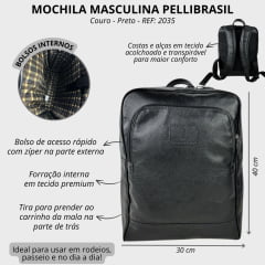 Mochila Masculina PelliBrasil 100% Couro Preto Para Notebook Até 15" Ref: 2035