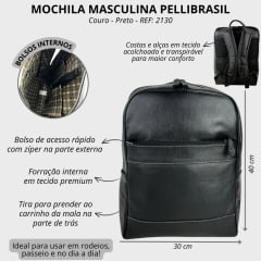 Mochila Masculina PelliBrasil 100% Couro Preto Para Notebook Até 15" Ref: 2130