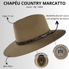 Chapéu Country De Feltro Marcatto Camel Com Abridor De Garrafa Bandinha Em Couro Carneira Em Tecido Ref:14808